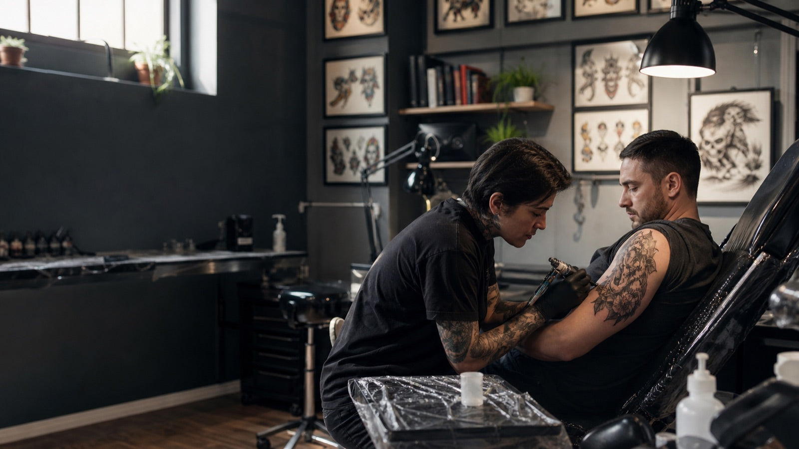 A tattoo artist at work in the studio