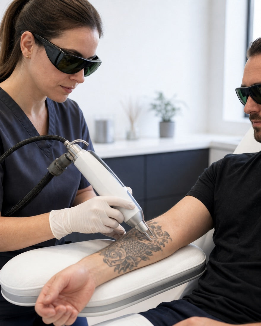 Laser tattoo removal technician treating a client's arm