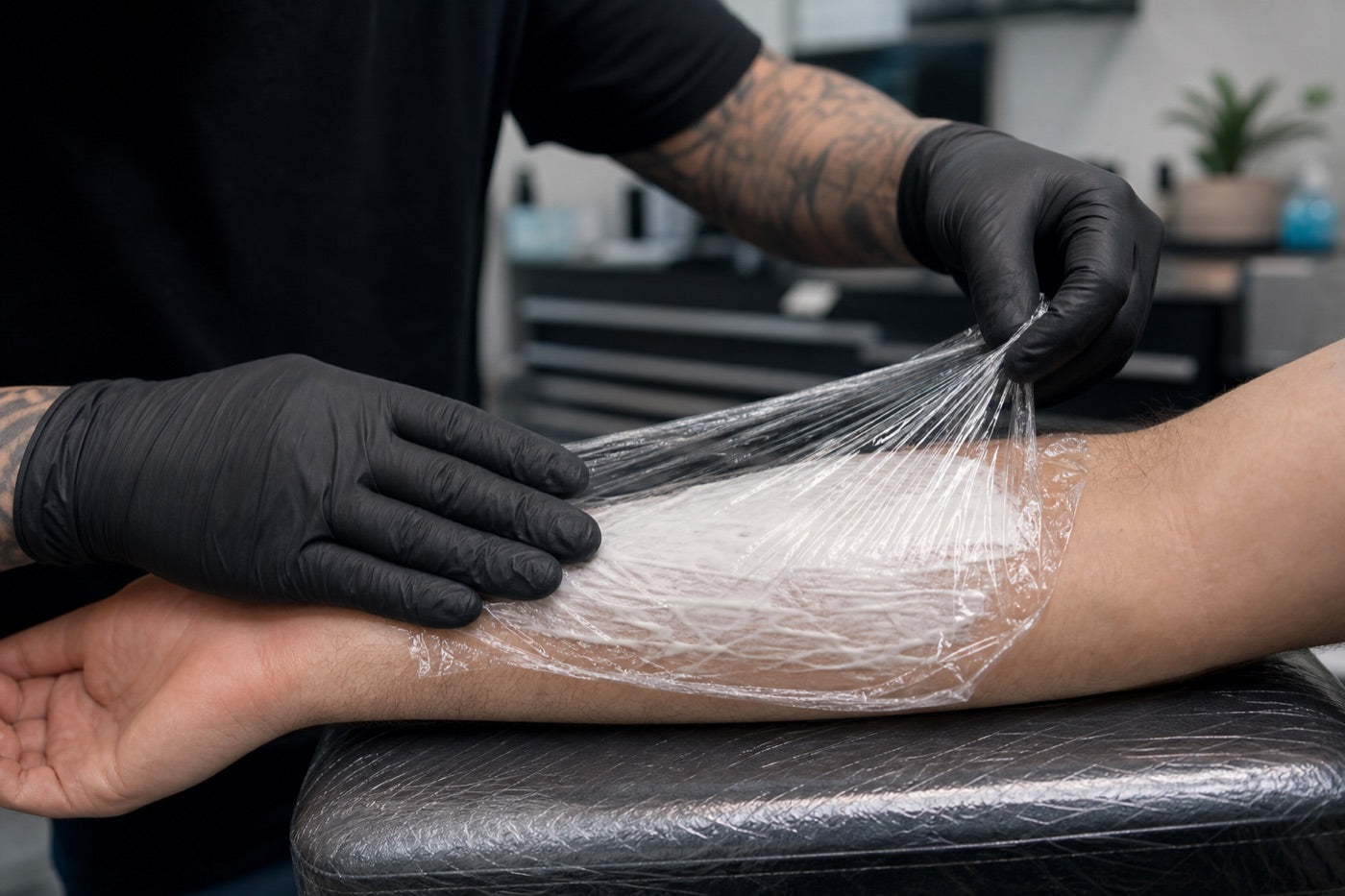 Applying cream and wrapping the arm before a procedure
