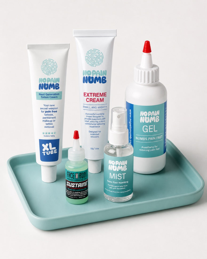 The No Pain Numb product family on a teal tray