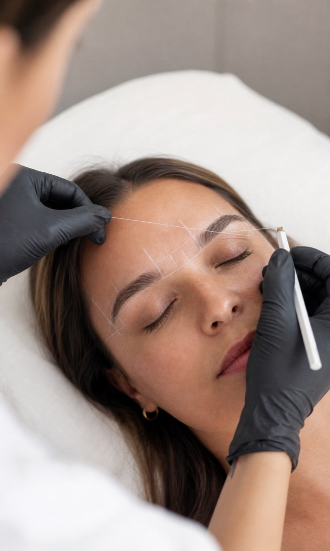 Permanent makeup brow mapping close up